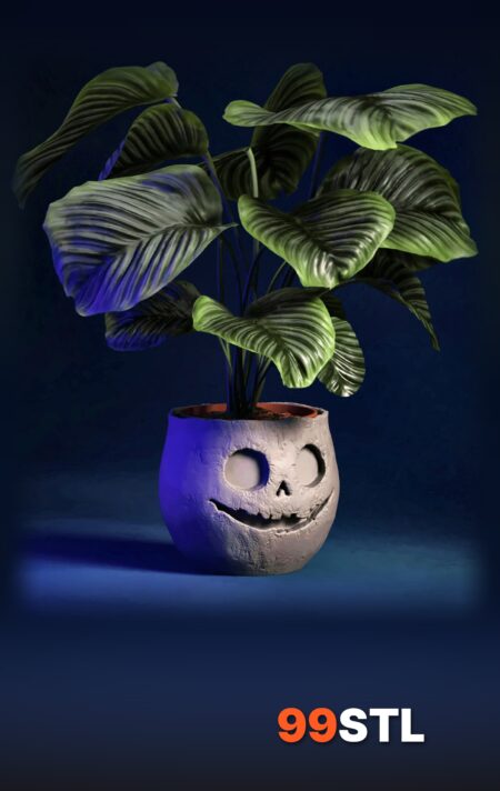 Jack-O-Pot skull planter 3D print with a plant, full view