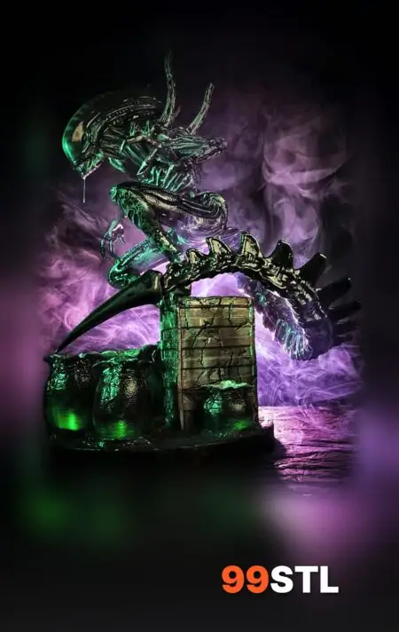 Painted Alien Xenomorph statue 3D print with green LED alien eggs