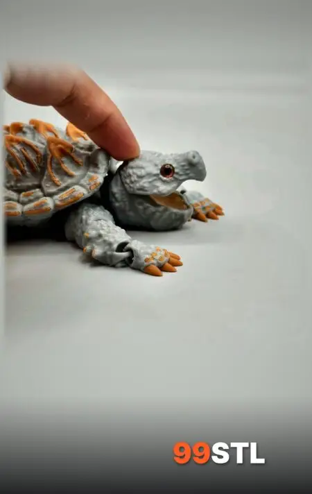 Articulated alligator snapping turtle STL with open jaw, gray with orange claws