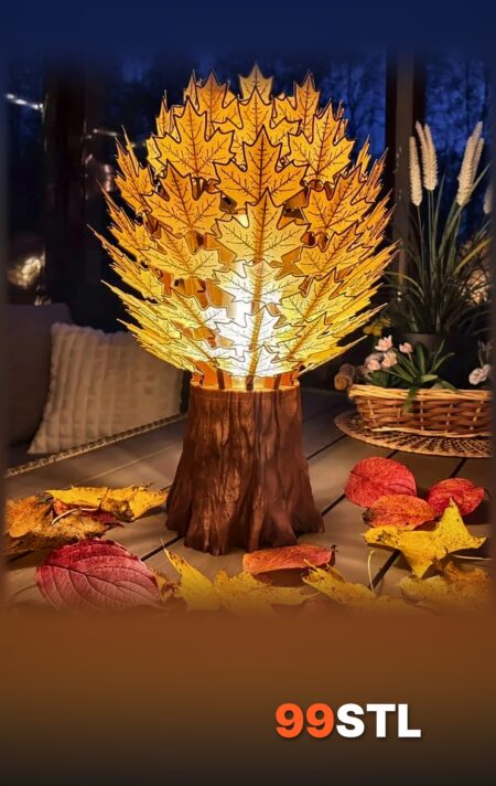 Autumn Aura maple leaf lamp STL glowing on a patio table at night with tree stump base