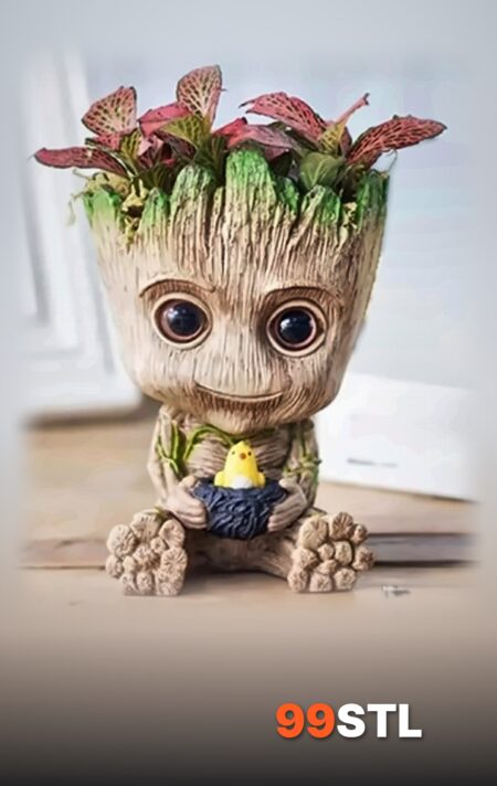 Baby Groot flower pot STL holding a bird nest with a red fittonia plant on top