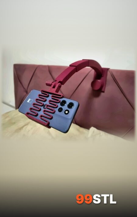 Retractable bed phone holder STL clamped on a headboard holding a phone