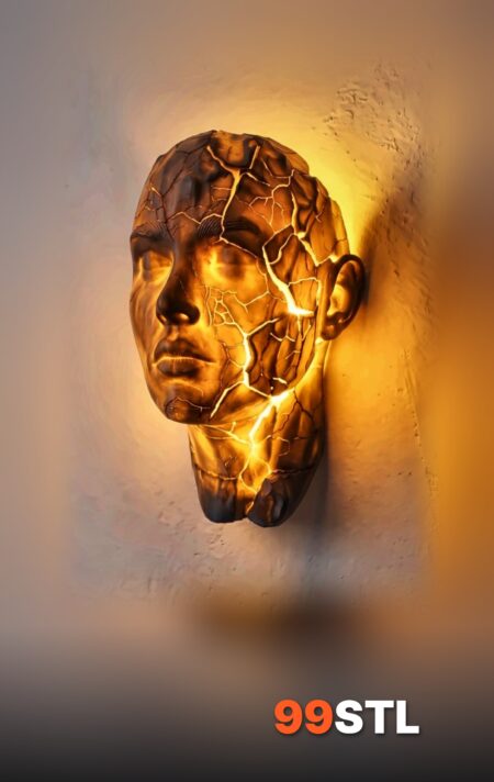 Cracking face wall lamp STL glowing through the cracks on a wall
