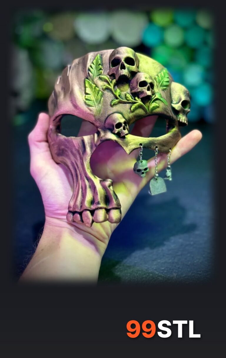 Large gothic skull mask STL in silk green and purple with mini skulls, leaves and hanging charms