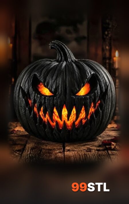 Black scary carved jack-o-lantern pumpkin light with glowing eyes
