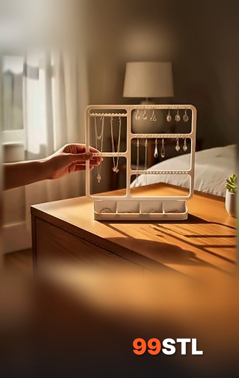 White Jewelry Organizer stand on a bedroom dresser holding necklaces and earrings