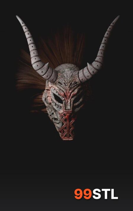 Killmonger mask STL tribal horned mask with ringed horns, carved wood texture and red accents