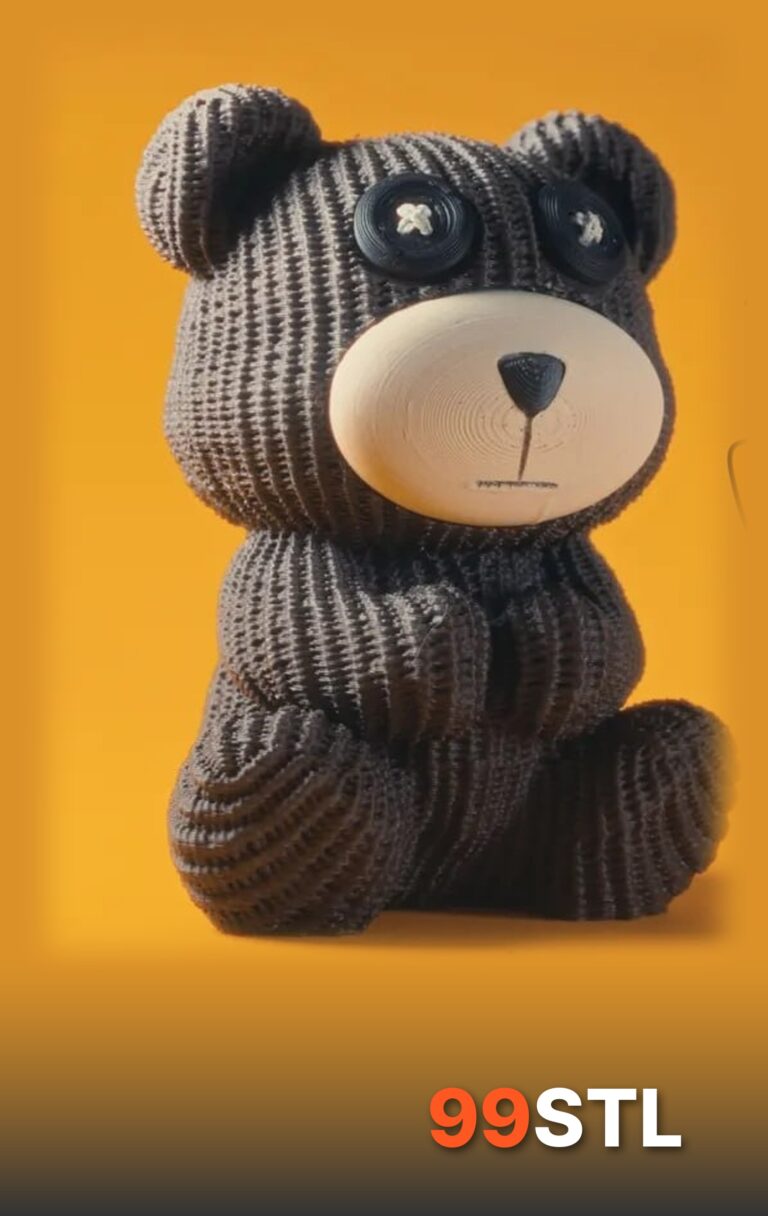 Knitted teddy bear STL Zed 3D printed in brown with button eyes and cream muzzle