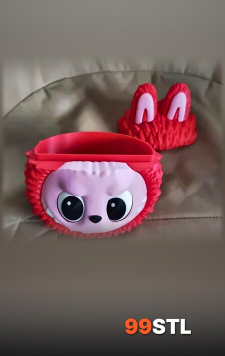 Labubu storage box STL open with bunny-ear lid removed showing the inner compartment