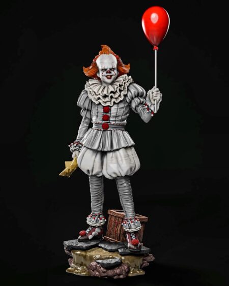 Pennywise statue STL horror clown holding red balloon and paper boat on sewer base