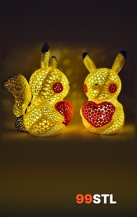 Pikachu decoration lamp STL glowing with LED tea light, Voronoi night light hugging a red heart