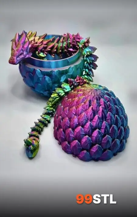 Scaly dragon egg STL opened with threads and crystal dragon