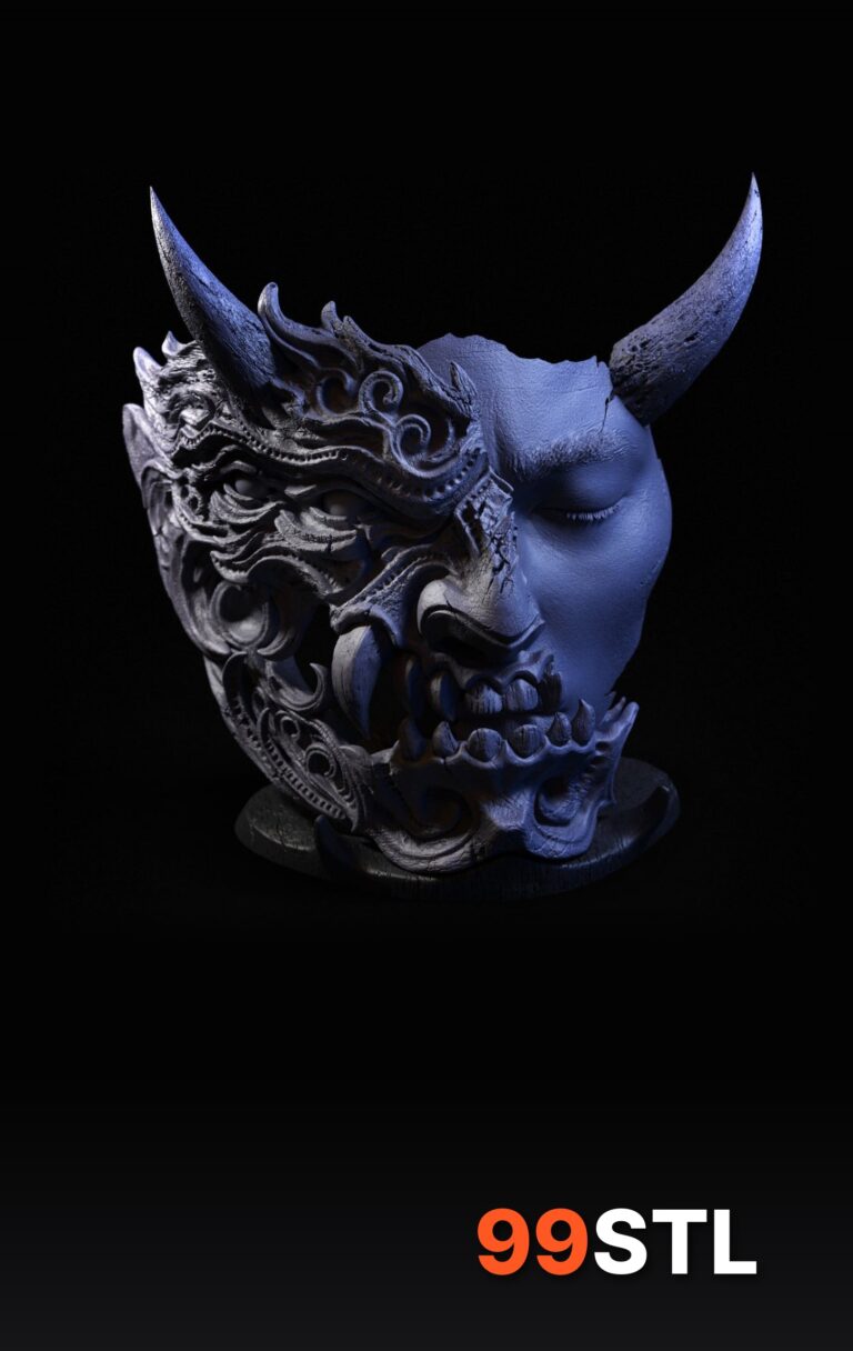 Tenjin Duality oni mask STL front view, half human face and half horned oni demon on a display stand