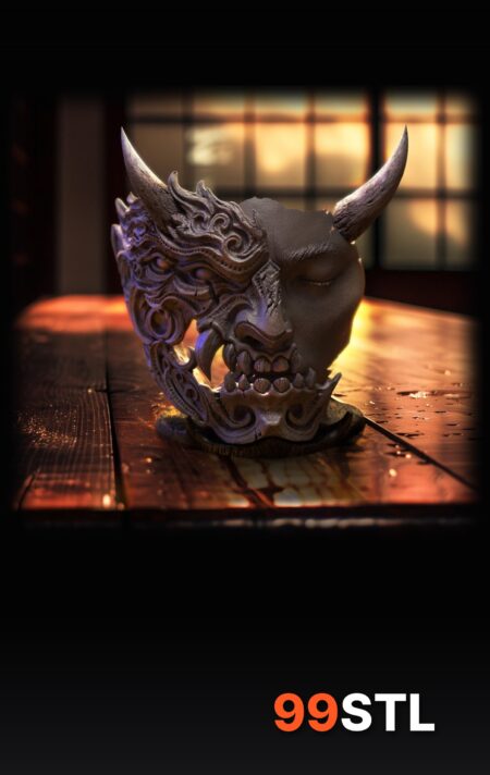 Tenjin Duality oni mask STL on a wooden table with warm window light