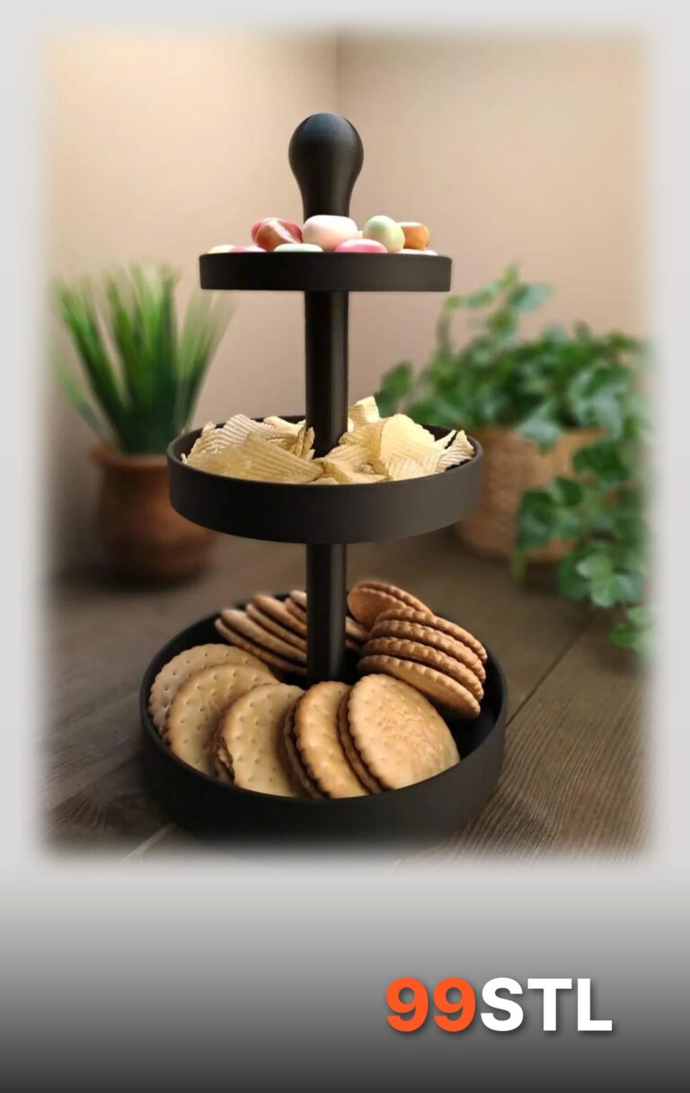 Three-tiered snack cake stand STL 3D printed in matte black with cookies, chips and candy