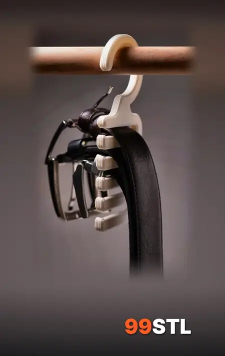 White tie and belt hanger STL on a closet rod holding leather belts