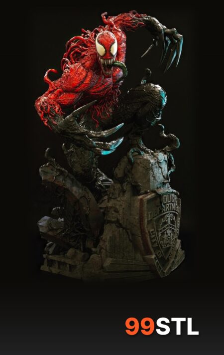 Toxin Venom statue STL red and black symbiote leaping from a ruined police wall base